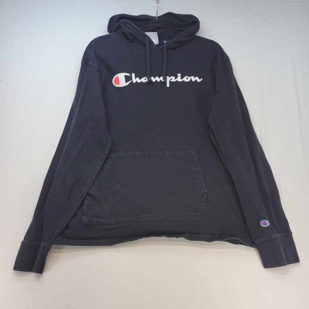 Champion Hoodie Mens Large Black Script Logo Pullover Athletic Sweatshirt